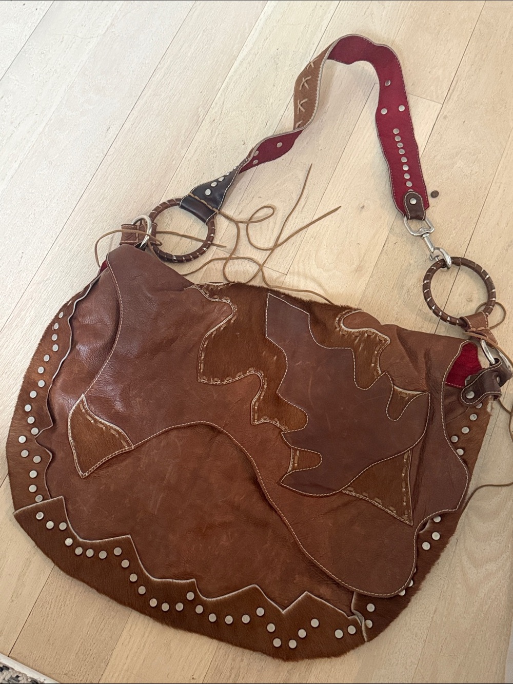 Boho Patchwork Leather Shoulder Bag - Brown